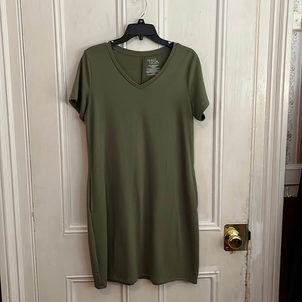 Olive shirt dress with pockets. Size Medium